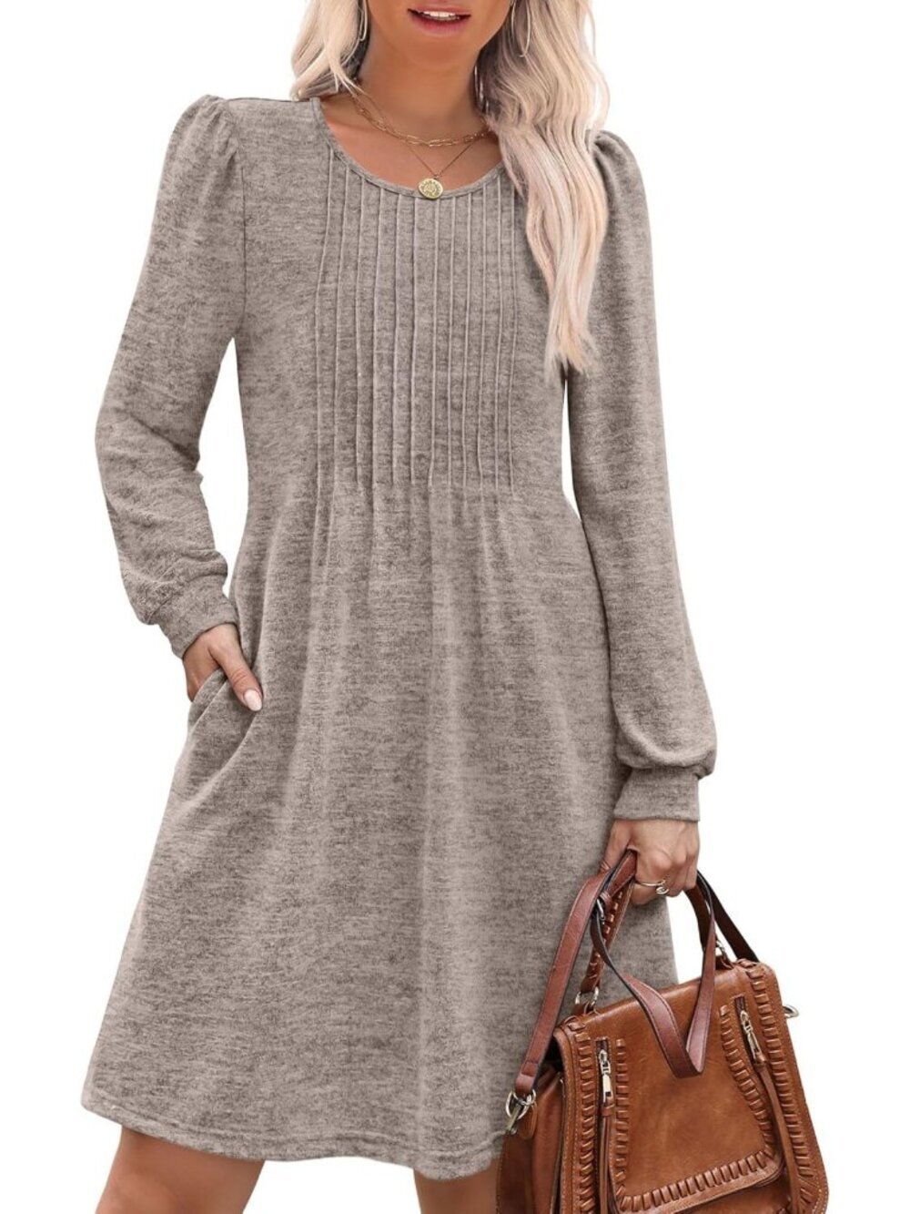 Women's Coffee Pleated Crew Neck Pockets Fall Baby Doll Sweater Mini Dress